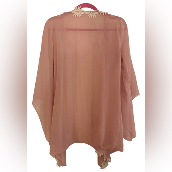 Pink Sheer Kimono with Floral Trim - Picture 2 of 3